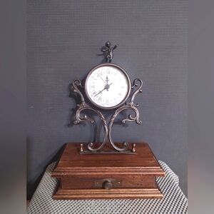 Vintage Metal Cherub Mantel Clock Wood Base with Drawer Made in Italy
